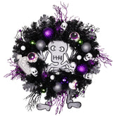 Purple and Black Spooky Skeleton Pine Halloween Wreath  24-Inch  Unlit
